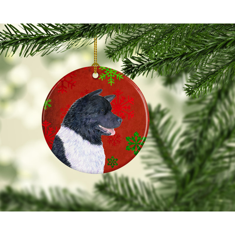 Ornement figurine suspendu en céramique de noël akita flocons de noël