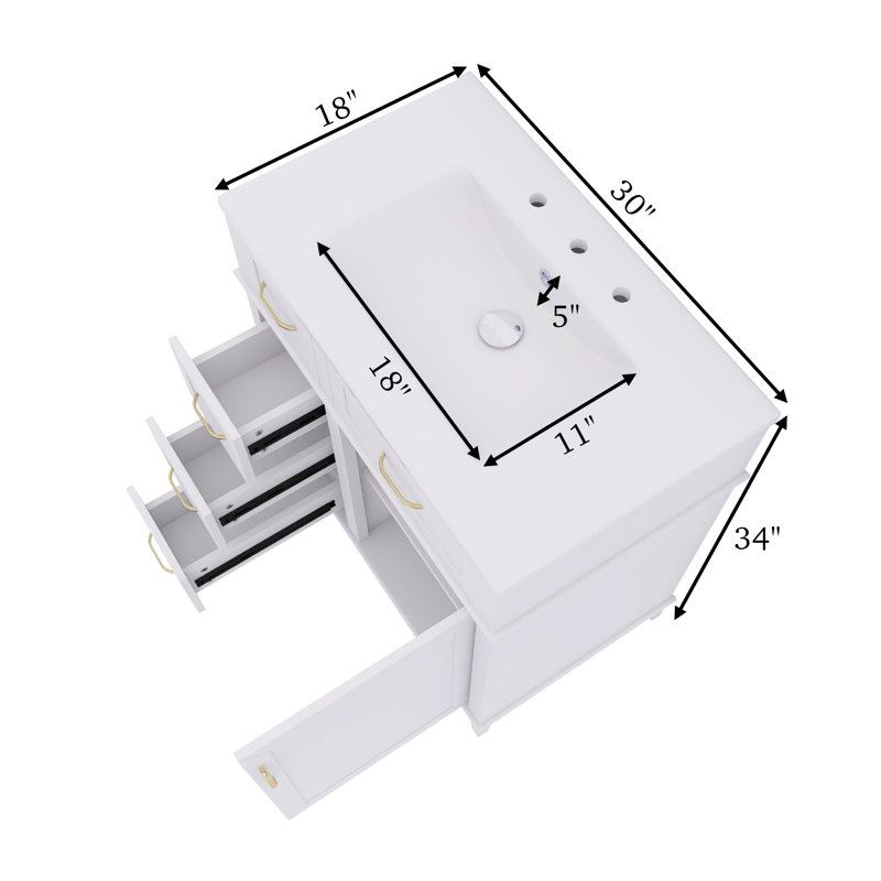 30" Free-Standing Bathroom Vanity With Ceramic Sink Soft Close Door, And Three Soft Close Drawers, White