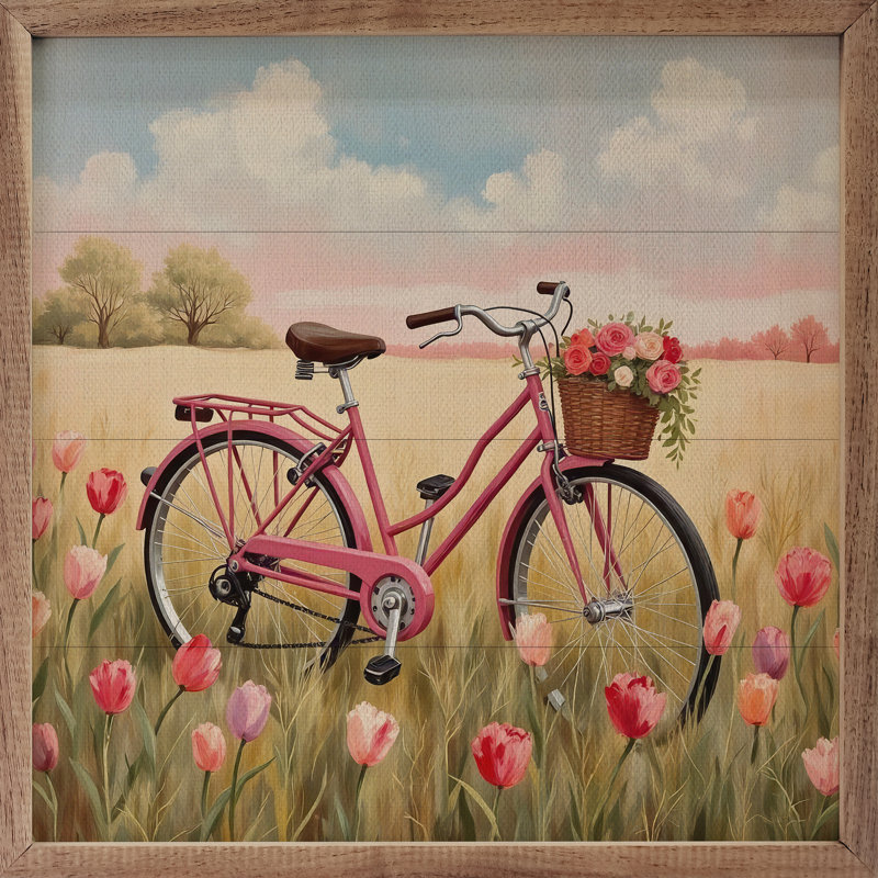 Vélo dans un champ de tulipes, H 8 po x l 8 po