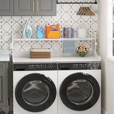 Washer Dryer Countertop With Adjustable Shelf, Splice Type, 54" X 27.5" Melamine Cover For The Top With Edge Rails, Towel Rack, 8 Hooks, Laundry Room Storage And Organization, Black