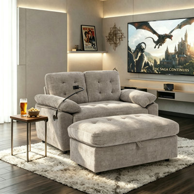 Living Room Loveseat Sofa Set, Button-Tufted 2-Seater Sofa with Storage Ottoman, USB Charging Ports and Adjustable Phone Holder