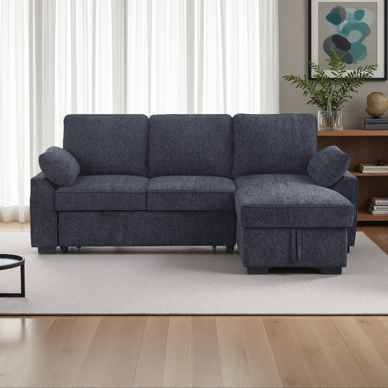 Mackenzie 91"W Chenille Fabric Reversible Sleeper Sectional With Storage Chaise, Drop-Down Table, Cup Holders And Charging Ports