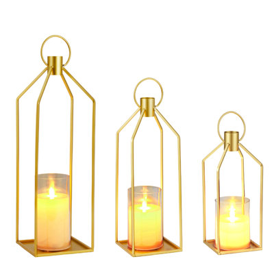 Ensemble de 3 bougeoirs lanterne en métal doré - bougies scintillantes sans flamme à DEL avec minuterie 6H, télécommande - décor moderne pour l'extérieur extérieur, porche, table, foyer - taille: 12 + 15 + 19 po, couleur: or français