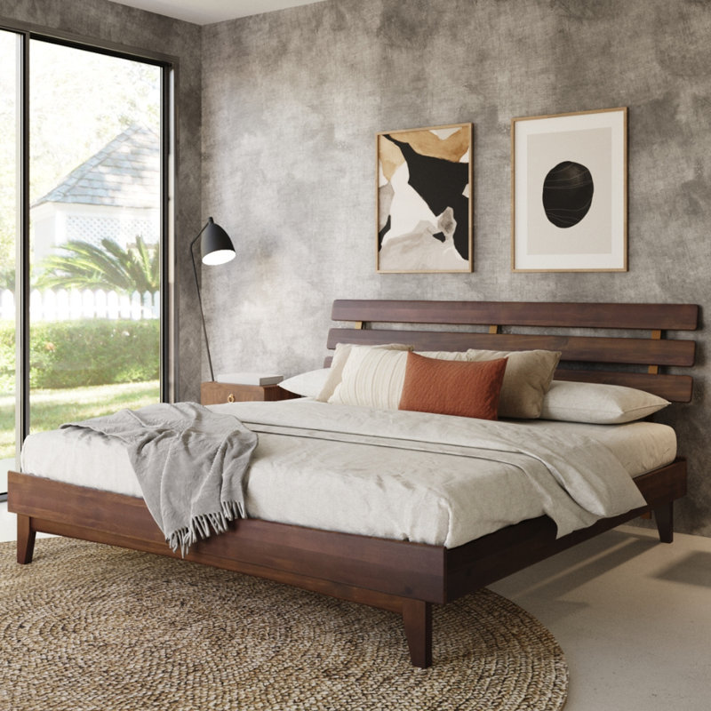 Caden Solid Wood Platform Bed with Adjustable Headboard, Mid-Century Modern, King, Dark Chocolate