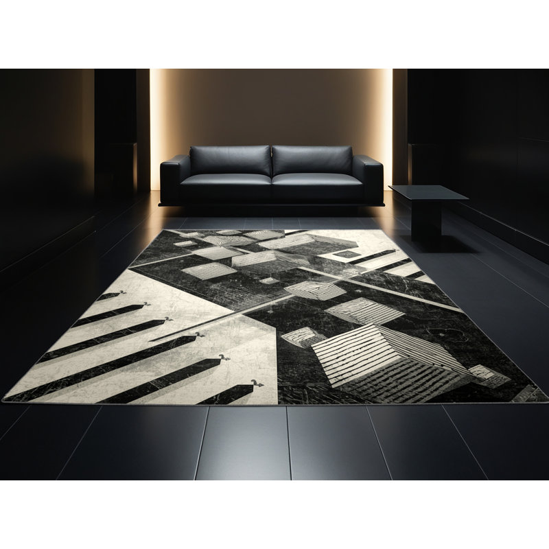 Machine Washable Ottoline Modern Geometric Shapes Rug in Brown – Gray Binding, 5' Square