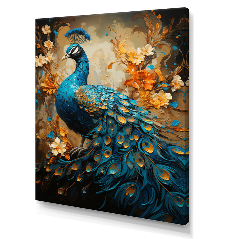 Aakarsh Teal Gold Emerald Peacock Drips - paon, reproduction d'art sur toile encadrée, Toile tendue, 32" H x 24" W