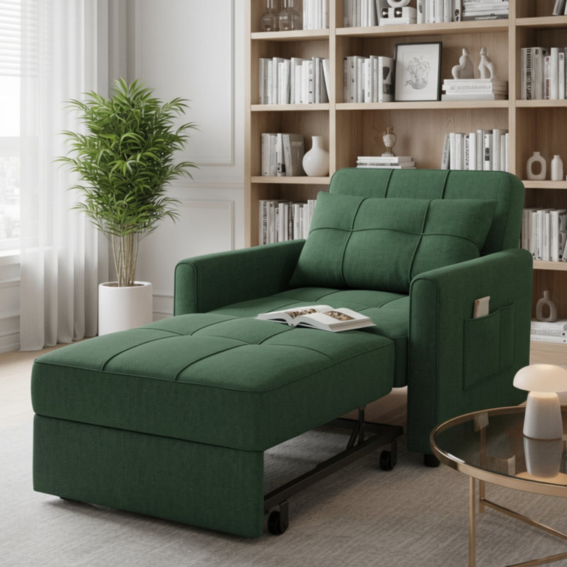 3-in-1 Convertible Pull Out Sleeper Chair, Adjustable Backrest 100°-180° Upholstered Single Sofa Bed with Side Pocket & Casters,Linen Accent Chair for Living Room Guest Room