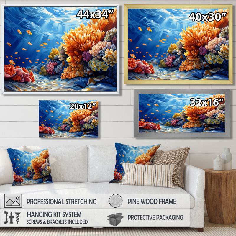 Art mural bleu brun grande barrière de corail II - corail, Cadre simple noir, bois massif, H 16 po x l 32 po
