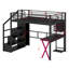 Lit mezzanine double en métal avec poste de travail intégré, garde-robe, escalier de rangement et DEL