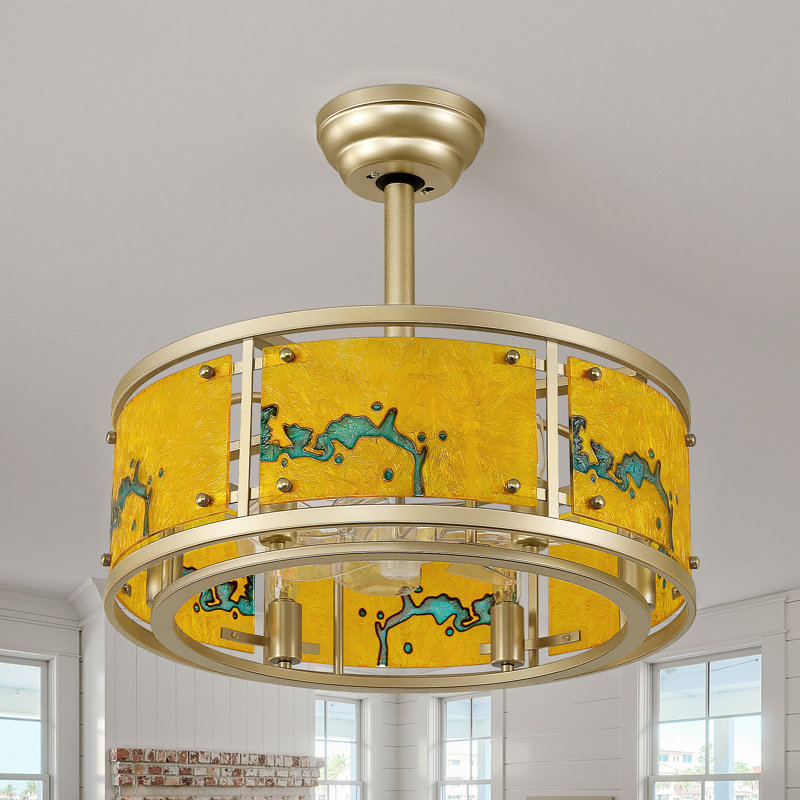 Ventilateur de plafond en cage 20 po Tiffany Mid-Century avec lumière et télécommande, abat-jour en acrylique teinté pour la chambre à coucher