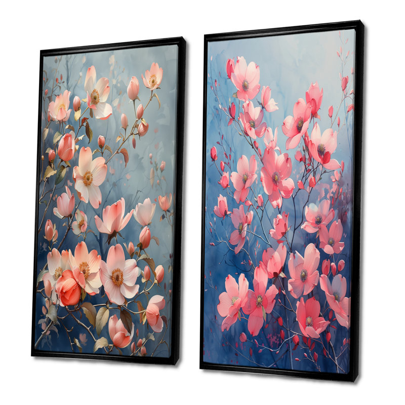 Ensemble de 2 pièces d'art mural cornouiller rose et bleu Garden Of Dreams, H 28 po x l 24 po, Cadre flottant noir