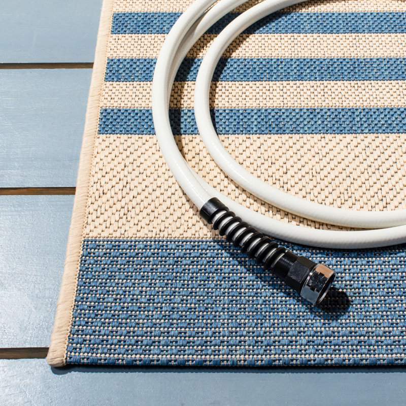 Beige and Blue Striped Synthetic 9' x 12' Rectangular Rug