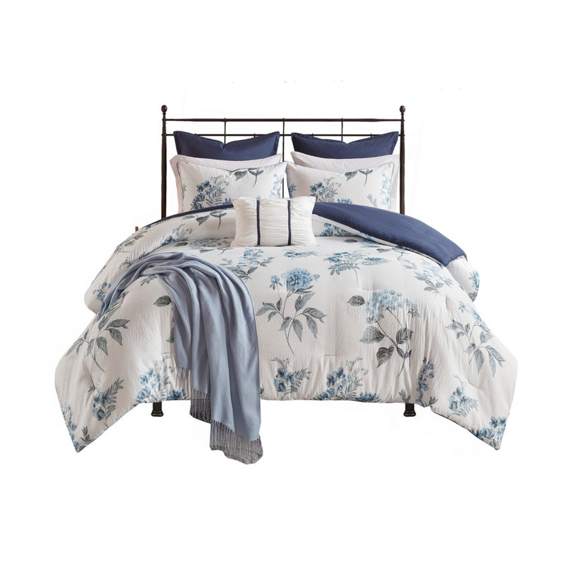 Ensemble d'édredon imprimé 7 pièces avec jeté bleu, Édredon double / grand + 6 pièces supplémentair