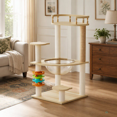 Tour à chat 32,2 po, tour à chat en bois pour chats d'intérieur, arbre à chat avec poteaux à griffes recouverts de sisal et perchoir supérieur, condo pour chat avec hamac en acrylique et jouets pour petits chats
