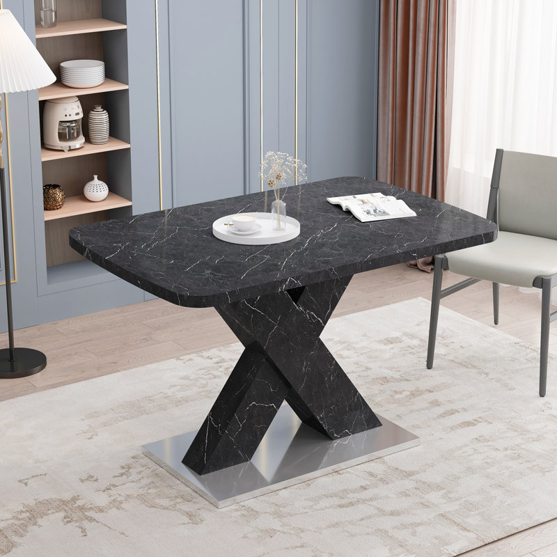Hine Modern Dining Table, Extendable Dining Table, Faux Marble Table Top, Extension Table Top, Black, Black