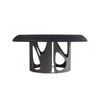 Table de salle à manger rectangulaire contemporaine en pierre artificielle avec pieds en fer noir