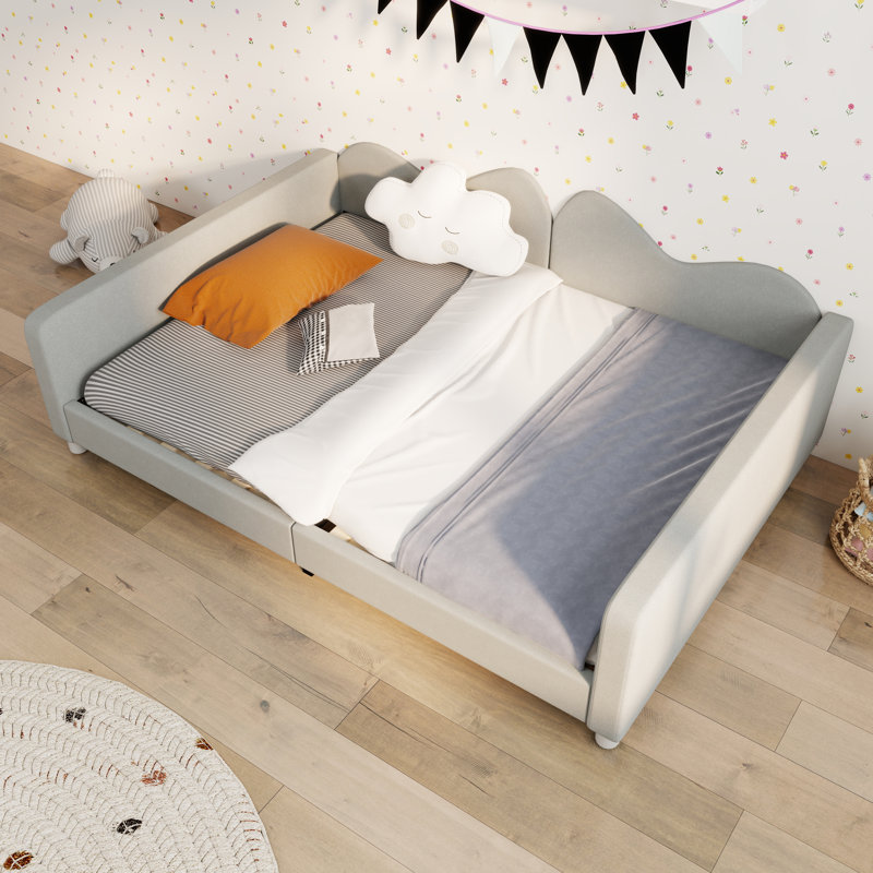 Lit de jour rembourré en tissu Sherpa pour enfants confortable avec dossier en forme de nuage, Gris, Lit double