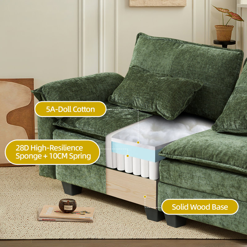 107.8'' Modular Sectional Sofa For Living Room, Cloud Couch Sectional With USB, Movable Ottoman, Green