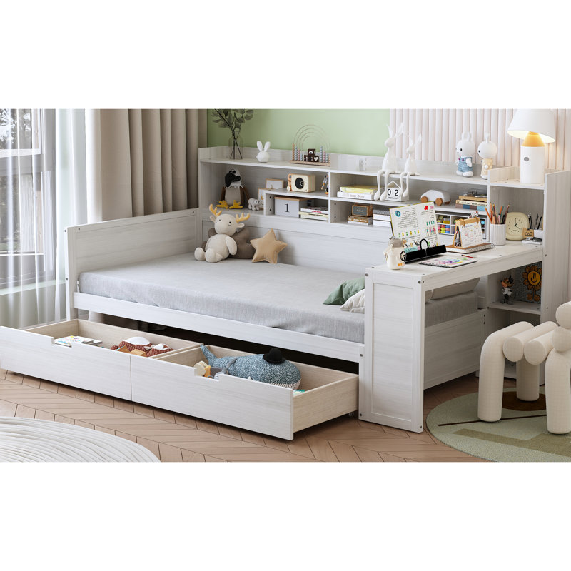 Antique White Wooden Twin Daybed With Multi-Layer Storage Shelves & Desk Multi-Functional Storage, Desk,, Antique White