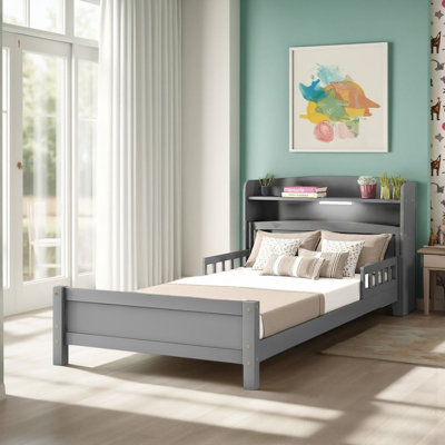 ??Bed with Bookcase Headboard - LED Motion Sensor Light, Adjustable Guardrails?