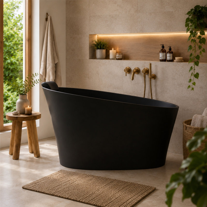 Baignoire autoportante ovale 51 "à surface solide avec trop-plein et drain avec siège et appui-tête intégrés, Black