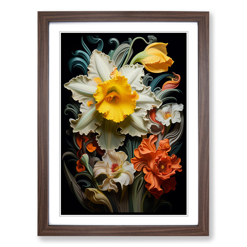 Daffodil Flower Baroque - Single Picture Frame Print on Wood, 34cm H x 25cm W, Walnut Framed