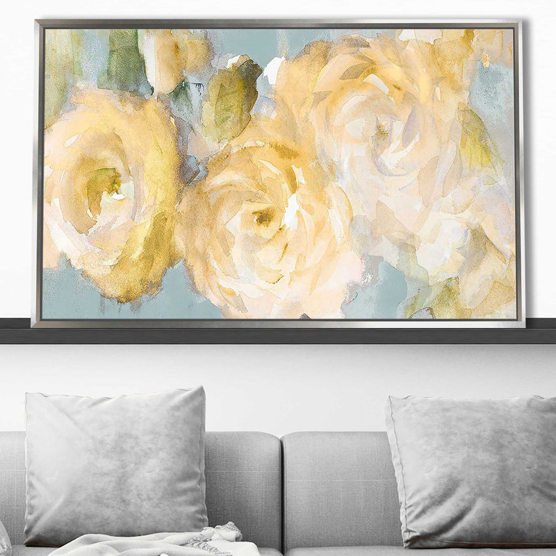 Fleurs jaunes sur fond bleu par Lanie Loreth - Peinture, H 31,5 po x l 51,5 po x P 2 po, Cadre flottant argent