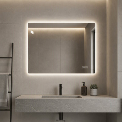 Miroir de salle de bain 28 po x 36 po à DEL, à éclairage avant et rétroéclairé, anti-buée, 3 couleurs, à intensité variable à 5 niveaux, fixation murale horizontale et verticale