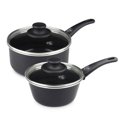 Greenlife Soft Grip Healthy Ceramic Nonstick, 1QT And 2QT Saucepan Pot Set With Lids, PFAS-Free, Dishwasher Safe, Black