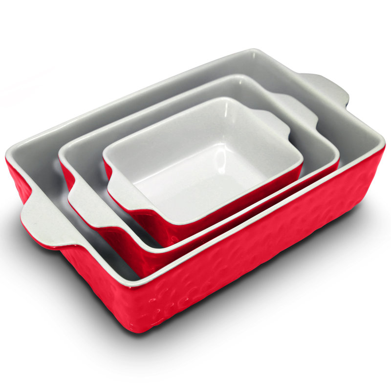 Red 3-Piece Rectangular Ceramic Bakeware Set with Non-Stick Coating