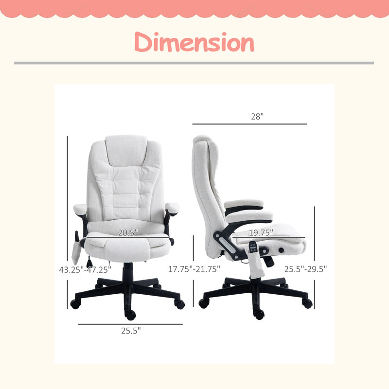 Fauteuil de bureau durable et pratique en lin massant avec chaleur, dossier haut inclinable, accoudoirs rembourrés, télécommande