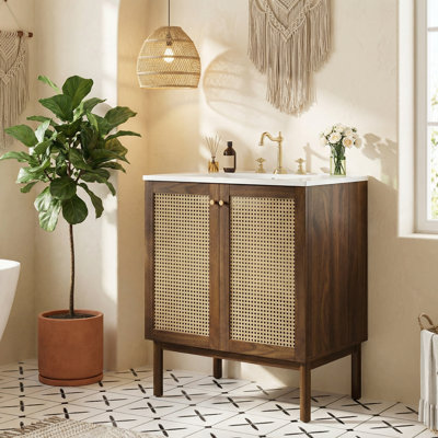 Meuble-lavabo de 30 pouces avec portes en bambou tissées à la main au fini noyer foncé