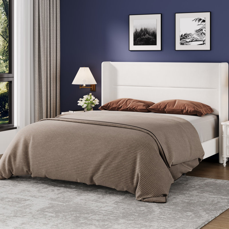 Structure de lit double en velours avec tête de lit à oreilles, cadre de lit plateforme tapissier avec lattes de bois, aucun sommier requis, assemblage facile, blanc