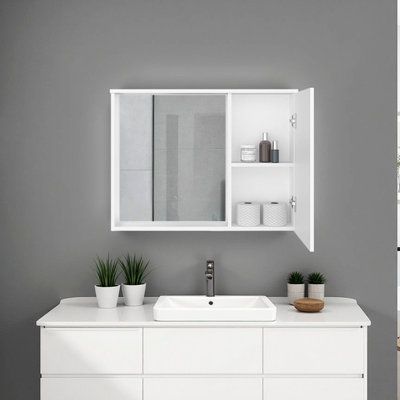 Armoire à pharmacie murale blanche avec panneau inclinable à miroir, 2 tablettes, solution de salle de bain contemporaine, 79,5 cm de large, pour une toilette efficace, 79,5 cm de largeur x 14 cm de profondeur