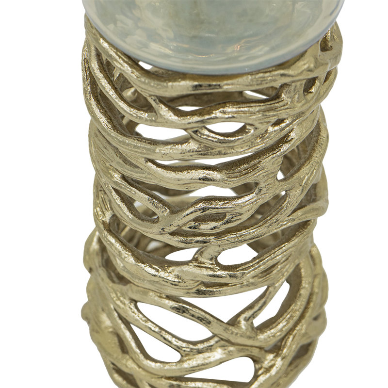 Ashly Candle Holder, Swirled Branch Accent, Gold Metal, Brown Glass 15 Inch