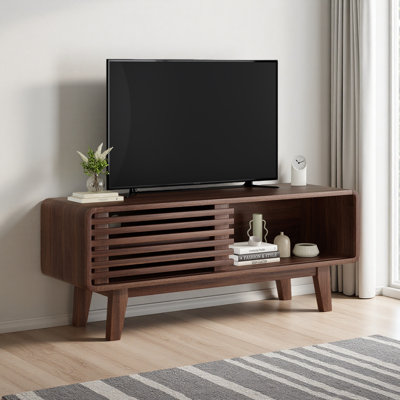 Meuble télé pour téléviseur de 59 po ou moins, centre de divertissement avec armoire de rangement et porte coulissante, console de style Mid-Century moderne pour le salon