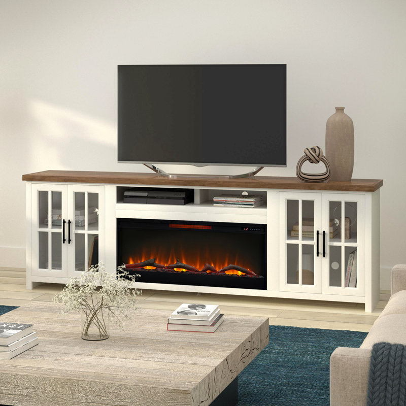 Meuble télé 97 po pour téléviseur de 100 po ou moins, assemblage minimal, fini blanc délavé et bois de grange