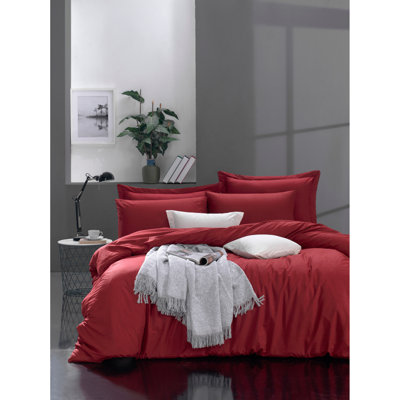Ensemble de housse de couette de qualité supérieure très grand Ranforce, rouge Claret, 102,4 x 86,6 pouces | 100% coton, impression de pigments, 142 fils | Comprend 2 taies d'oreiller (19,7 po x 35,4 po) | Conception élégante et entretien facile avec fermeture à boutons