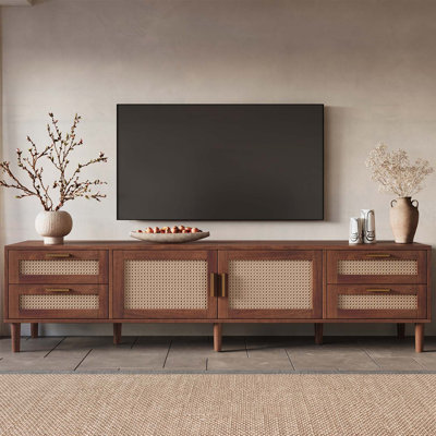 Meuble télé 78 po pour téléviseur de 85 po ou moins, console multimédia avec 4 tiroirs, pieds en bois massif, charnières à fermeture douce, pour salon, meuble audio-vidéo moderne