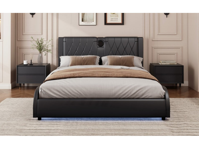 Très grand lit plateforme avec tête de lit épaisse, aucun sommier nécessaire, lumière DEL RVB et amp; Haut-parleurs Bluetooth, noir