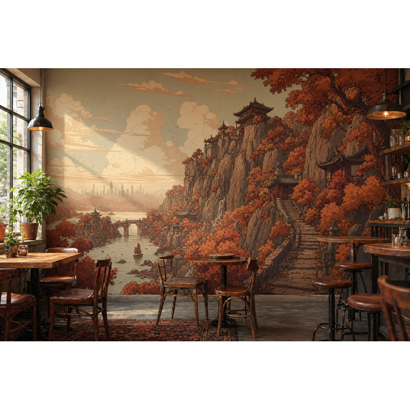 Décoration murale cloison amovible pagode murale, 120 po x 96 po, Peler et coller