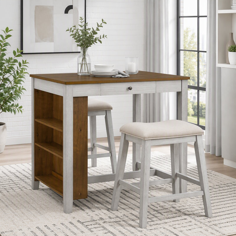 Ensemble de table de bar avec prise de courant, rangement et 2 tabourets
