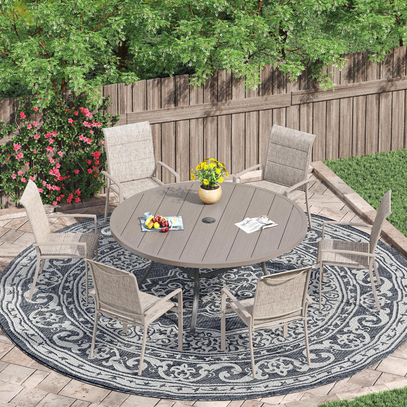 Patio Dining Set with 47.2" Round Dining Table and 6 Padded PVC-coated polyester Dining Chairs, Brush Wood Gray/Sandshell