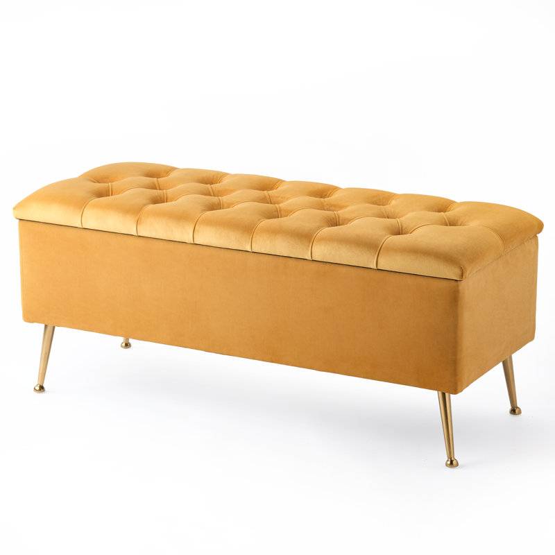 Amara Wide Velvet Tufted Rectangle Storage Ottoman Footstool Upholstered Bench with Legs for Living Room & Bedroom, Yellow