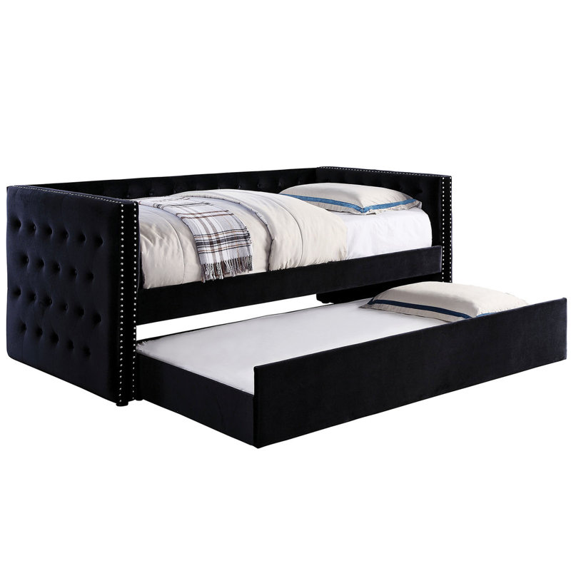 Black Nailhead Trimmed - Style Daybed With Trundle, Transitional Design, Padded Flannelette Upholstery, Button , Slat Kit Upholstered Style, Trim,