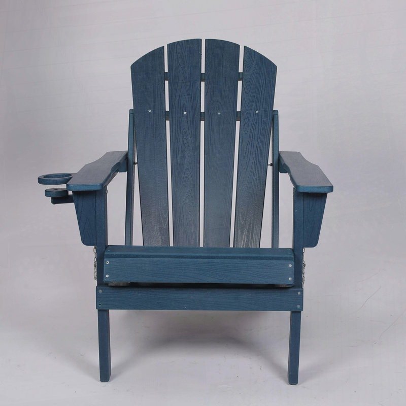 Folding HDPE Adirondack Chair with Cup Holder – Wood-Textured, All-Weather & Easy Storage for Patio, Navy Blue
