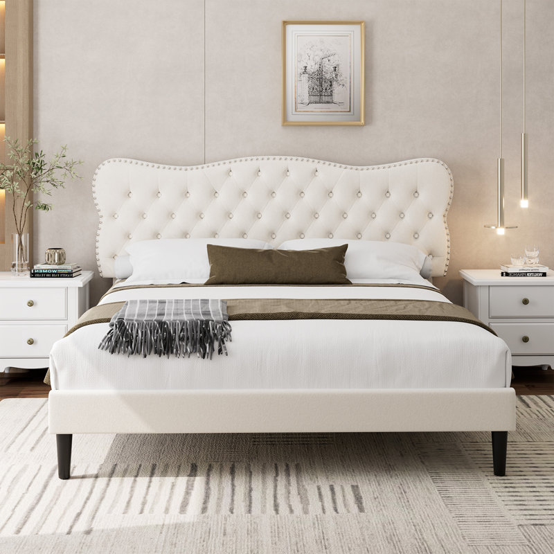 Lofgren Tufted Upholstered Platform Bed with Adjustable Headboard, Queen, Light Beige