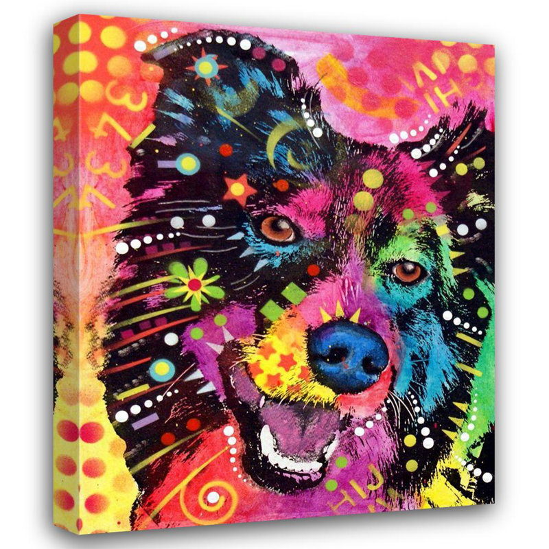 Art tendu sur toile tendue avec la collection Dean Russo, titre: Border collie 121109, H 44 po x l 36 po