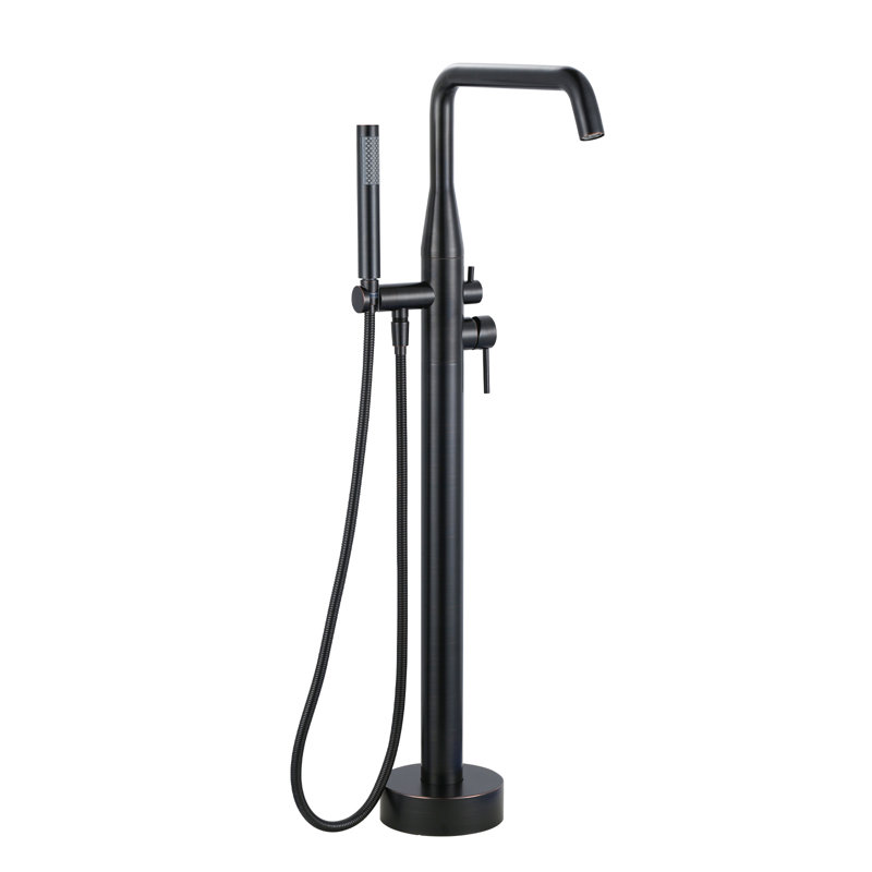Double Handle Floor Mounted Freestanding Tub Faucet With Handheld Shower In Oil Rubbed Bronze, Oil Rubbed Bronze