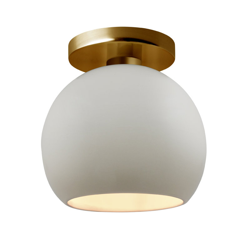 Ceramic LED Semi Flush Mount, Matte White, 9" H x 10" W x 10" D, Brushed Brass